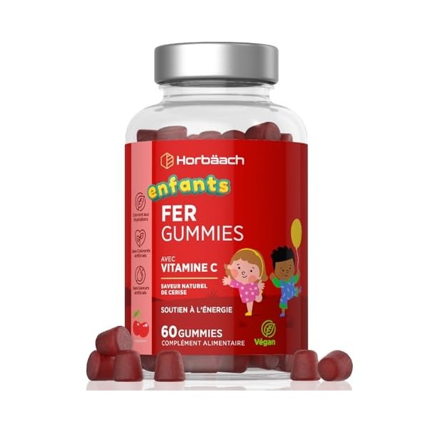 Fer Gummies Enfants 7mg avec Vitamine C 20mg | 60 Vegan Gummies | Fer Complément Alimentaire avec Acide Ascorbique | Iron Sup