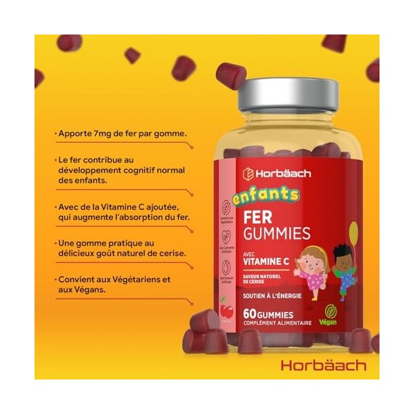 Fer Gummies Enfants 7mg avec Vitamine C 20mg | 60 Vegan Gummies | Fer Complément Alimentaire avec Acide Ascorbique | Iron Sup