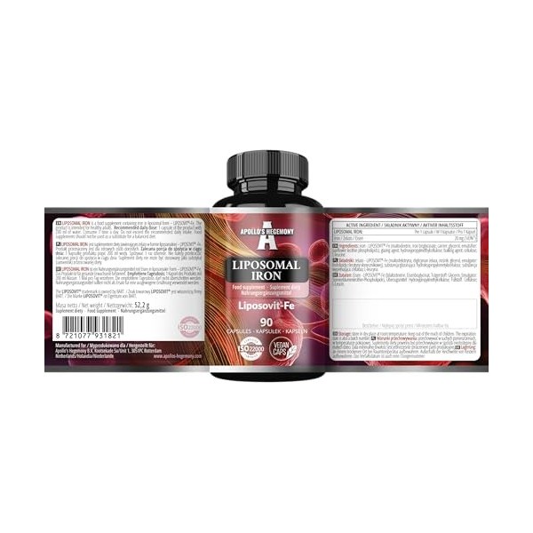 Fer liposomal 20 mg - 90 gélules végétaliennes - Fer à haute absorption avec Liposovit®-Fe - Soutien cognitif - Approvisionne