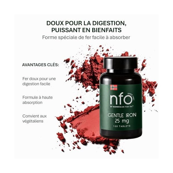 NFO GENTLE IRON [100 comprimés] Complexe de fer naturel norvégien à haute dose Avec la formule brevetée Ferrochel – la forme 