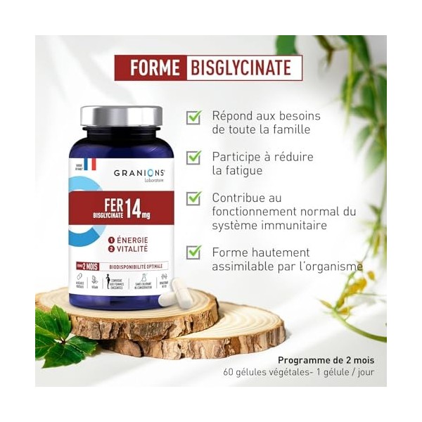 FER BISGLYCINATE 14 mg GRANIONS Immunité et Energie + Vitamines B – Bisglycinate de Fer – Fer Bisglycinate Biodisponibilité O