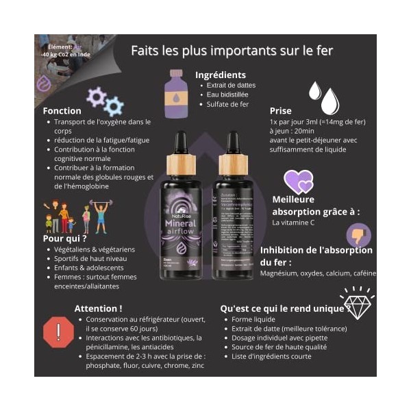 NatuRise® Fer Liquide - 14 mg de fer - avec extrait de datte - vegan - haut dosage - 100 ml - verre UV - pipette avec échelle
