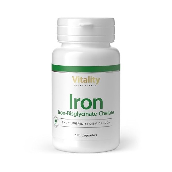 Fer Bisglycinate Chélate 90 Gélules Haute Biodisponibilité, Complexe de Vitamine C, Fer et Cuivre, Vegan, 90 jours, Vitality 