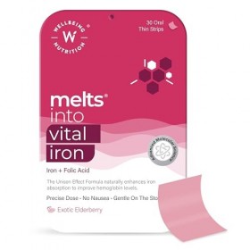« Wellbeing Nutrition Melts Vital Iron - 30 Bandes de Fusion - Fer + Acide Folique - Augmente lHémoglobine - Sans Nausée - S