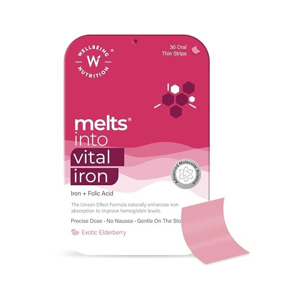 « Wellbeing Nutrition Melts Vital Iron - 30 Bandes de Fusion - Fer + Acide Folique - Augmente lHémoglobine - Sans Nausée - S
