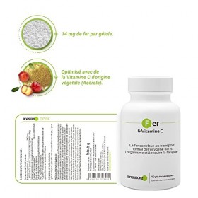 Fer et Vitamine C * 90 gélules végétales * Energie + Système immunitaire + Formation d’hémoglobine + Mémoire + Biodisponibili