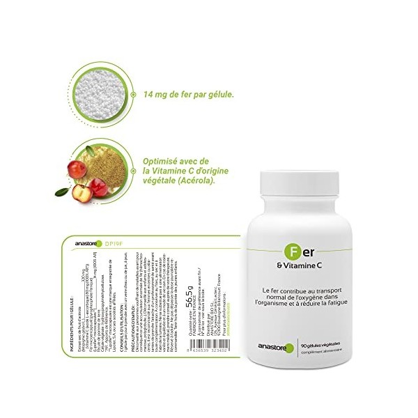 Fer et Vitamine C * 90 gélules végétales * Energie + Système immunitaire + Formation d’hémoglobine + Mémoire + Biodisponibili