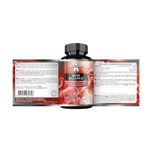 Iron Balance 120 gélules végétaliennes - Chélate de fer avec vitamine C et lactoferrine - 120 portions quotidiennes - Pour un