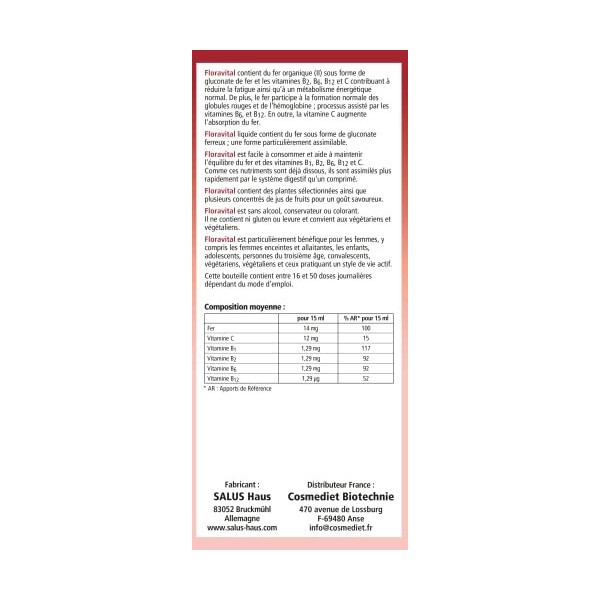 Salus Floravital® Fer + Plantes - Formule Liquide Anti-Fatigue Riche en Fer - Sans Levure ni Gluten - Enrichi en Vitamine C p