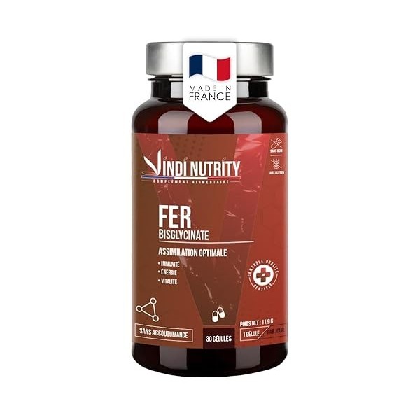Fer Bisglycinate, Assimilation Optimale, Immunité, Énergie & Vitalité, 30 Gélules, VINDI NUTRITY, Fabriqué en France