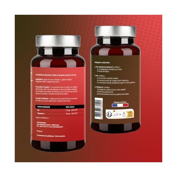Fer Bisglycinate, Assimilation Optimale, Immunité, Énergie & Vitalité, 30 Gélules, VINDI NUTRITY, Fabriqué en France