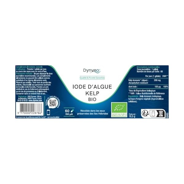 Iode dalgue de Kelp Bio - Thyroïde, Fonctions cognitives, Énergie, Métabolisme - 150 µg 60 Gélules 1 mois - Source diode 