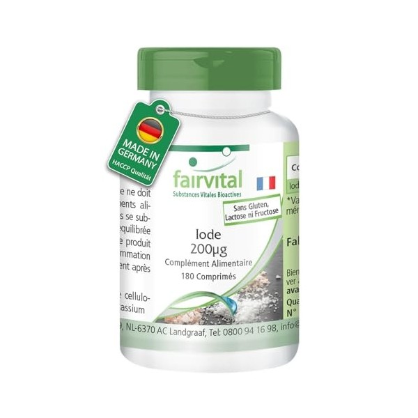 Fairvital | Iode 200μg - 180 comprimés - 200μg par comprimé - faciles à avaler - qualité contrôlée et hautement dosés - 100% 