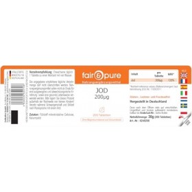 Fair & Pure Iode 200μg, 200 comprimés, 200μg diode par comprimé, complément alimentaire végétalien sans additifs, fabriqué e