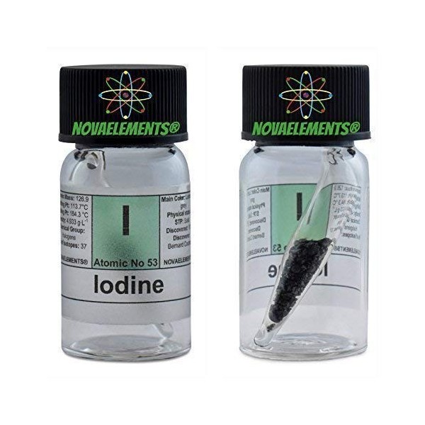 Iode Élément 53 I, Champion Pure 1 Gramme 99,9% en Mini Ecope et Flacon de Verre avec Étiquette