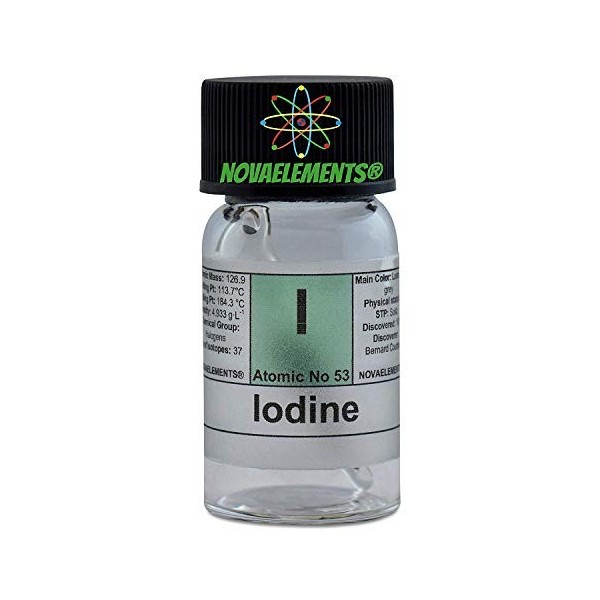 Iode Élément 53 I, Champion Pure 1 Gramme 99,9% en Mini Ecope et Flacon de Verre avec Étiquette