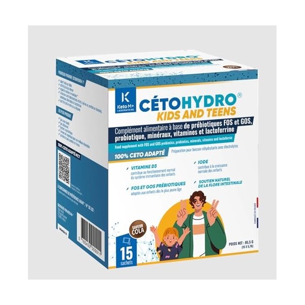 CETOHYDROKIDS Hydratation & Immunité Enfant – Sans Sucre – Électrolytes, Probiotiques & Lactoferrine – Saveur Pêche– 15 Sache