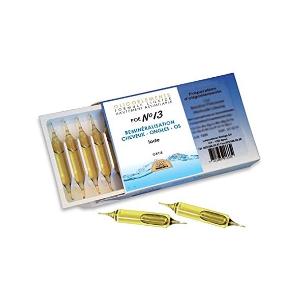 POE n°13 - Préparation en Oligoéléments - Iode et Ortie - Reminéralisation cheveux, ongles et os - 20 ampoules de 2ml - BIOLI...