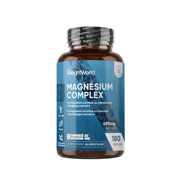 Magnesium complex 490mg Magnesium Bisglycinate, Citrate, Malate et Taurate 4 Types 180 Gélules, 6 mois dApprovisionnement,