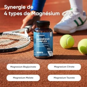Magnesium complex 490mg Magnesium Bisglycinate, Citrate, Malate et Taurate 4 Types 180 Gélules, 6 mois dApprovisionnement,