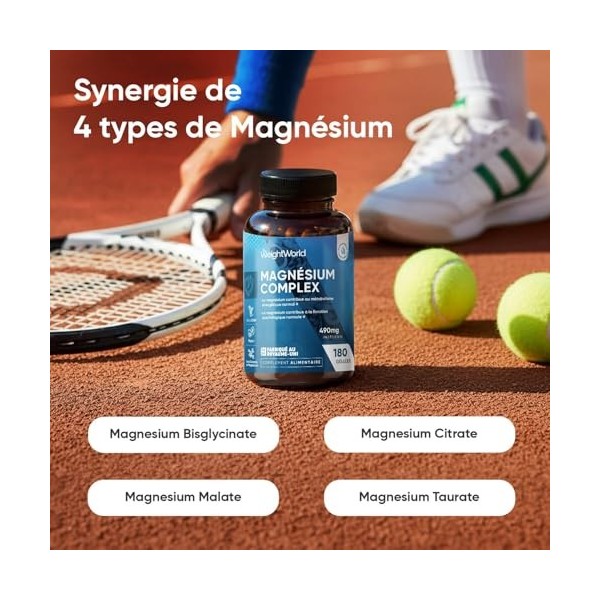 Magnesium complex 490mg Magnesium Bisglycinate, Citrate, Malate et Taurate 4 Types 180 Gélules, 6 mois dApprovisionnement,