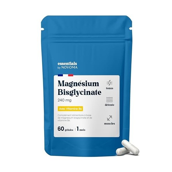 Magnésium Bisglycinate + Vitamine B6, Fatigue, Stress, Sommeil & Récupération, Magnesium Haute Absorption, 240 mg/j, 60 Gélul