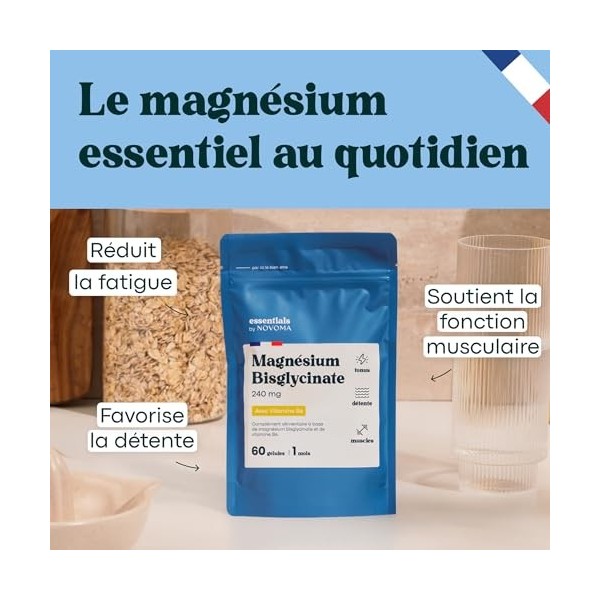 Magnésium Bisglycinate + Vitamine B6, Fatigue, Stress, Sommeil & Récupération, Magnesium Haute Absorption, 240 mg/j, 60 Gélul