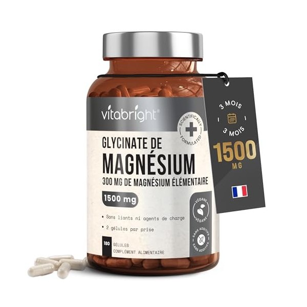 VitaBright Magnésium Bisglycinate Bio 1500 mg – 300 mg de magnésium élémentaire par portion – 180 gélules végétales pour 3 mo
