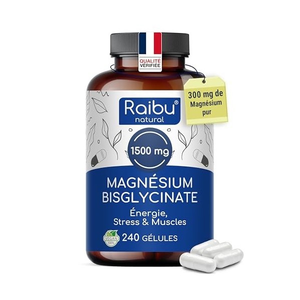 Magnésium Bisglycinate - 240 gélules, 300 mg de magnésium élémentaire par portion - Stress & Fatigue - Absorption optimale & 