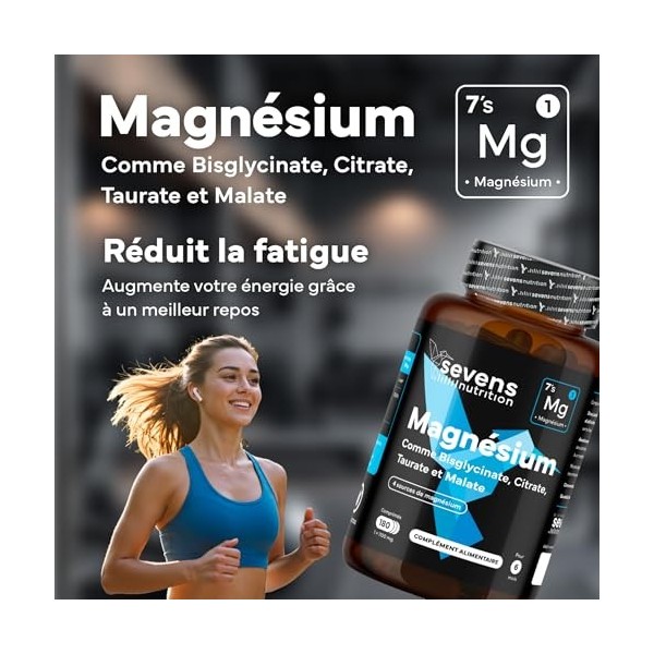 Magnésium Bisglycinate + Citrate, Malate et Taurate – Complexe de Magnésium 4 en 1 418 mg – 180 Comprimés 6 Mois – Haute 