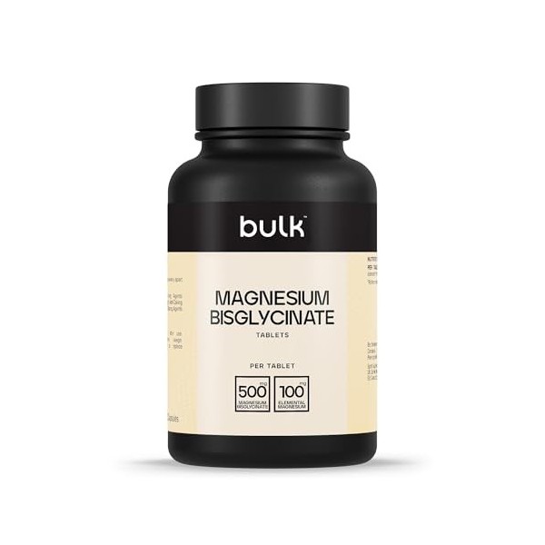Bulk Comprimés de bisglycinate de magnésium, 500mg, 60 Comprimés, Absorption élevée, Favorise la fonction musculaire, Sommeil