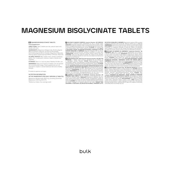 Bulk Comprimés de bisglycinate de magnésium, 500mg, 60 Comprimés, Absorption élevée, Favorise la fonction musculaire, Sommeil
