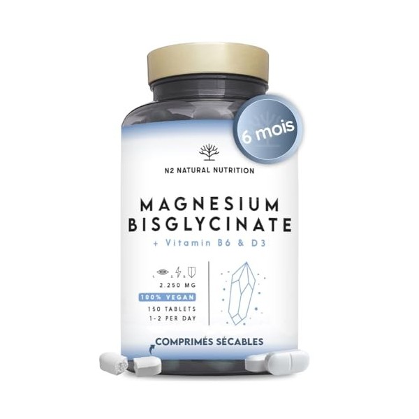 Magnésium Bisglycinate 450mg avec Vitamine B6 et D3. 150 Comprimés sécables pour 5 Mois. 2250 mg Bisglycinate de Magnesium Pu