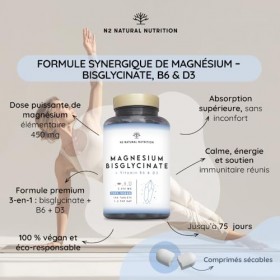Magnésium Bisglycinate 450mg avec Vitamine B6 et D3. 150 Comprimés sécables pour 5 Mois. 2250 mg Bisglycinate de Magnesium Pu