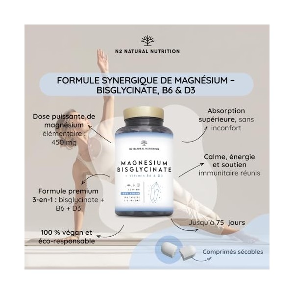 Magnésium Bisglycinate 450mg avec Vitamine B6 et D3. 150 Comprimés sécables pour 5 Mois. 2250 mg Bisglycinate de Magnesium Pu