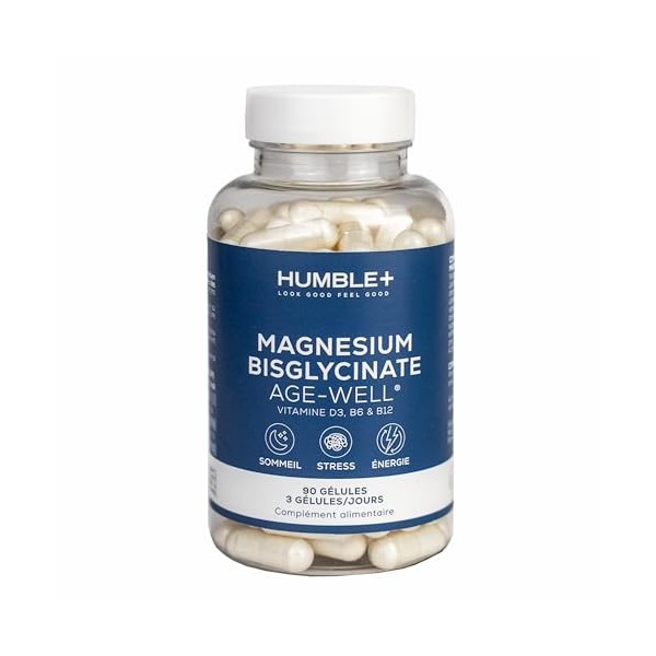 HUMBLE+ Magnésium Age-Well - Magnésium Bisglycinate Pur Haute Biodisponibilité + Vitamines D3, B6 & B12 Actives - Sommeil, St