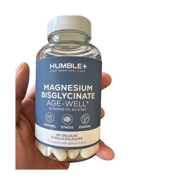 HUMBLE+ Magnésium Age-Well - Magnésium Bisglycinate Pur Haute Biodisponibilité + Vitamines D3, B6 & B12 Actives - Sommeil, St