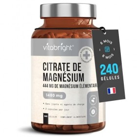 Magnésium Citrate en Gélules | 222 mg de Magnésium Élémentaire | 240 Gélules | Forme Bien Assimilable | Muscles, Sport, Systè