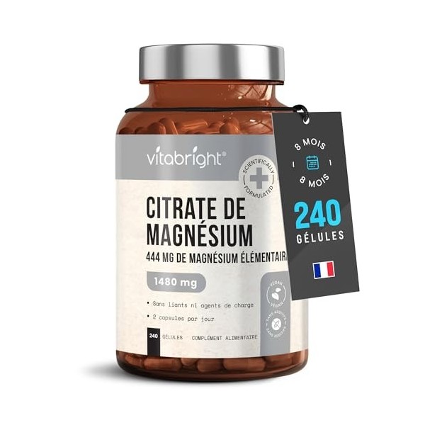 Magnésium Citrate en Gélules | 222 mg de Magnésium Élémentaire | 240 Gélules | Forme Bien Assimilable | Muscles, Sport, Systè
