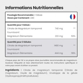 Magnésium Citrate en Gélules | 222 mg de Magnésium Élémentaire | 240 Gélules | Forme Bien Assimilable | Muscles, Sport, Systè