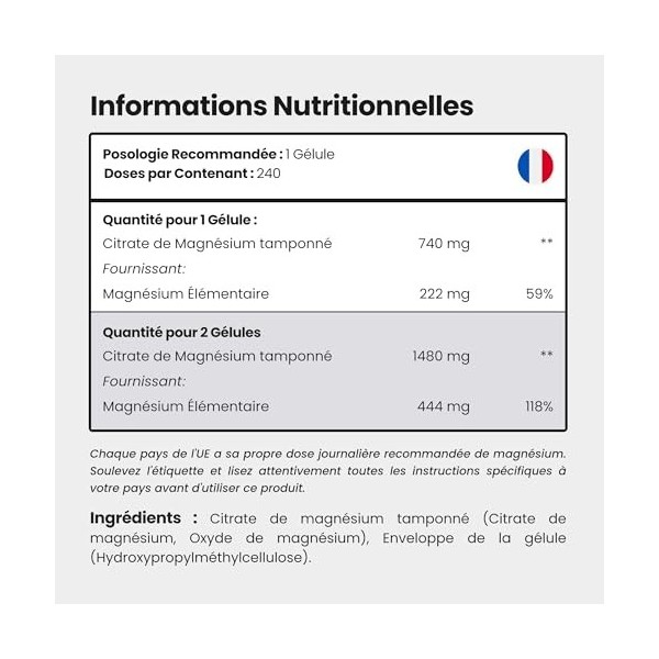 Magnésium Citrate en Gélules | 222 mg de Magnésium Élémentaire | 240 Gélules | Forme Bien Assimilable | Muscles, Sport, Systè