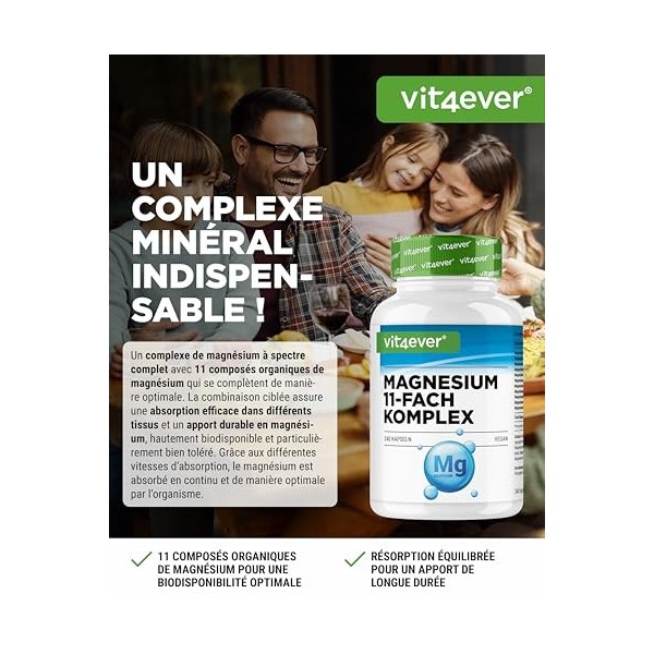 Complexe de Magnésium - 240 gélules - 11 composés de haute qualité - 408 mg de magnésium élémentaire par dose journalière - H
