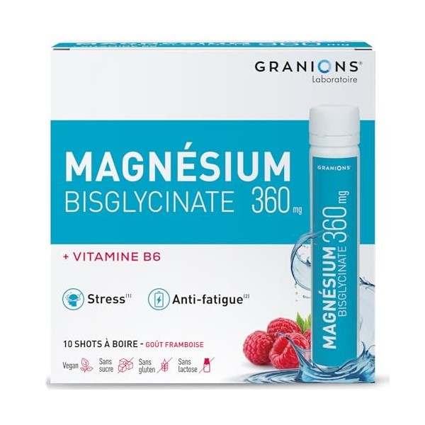 GRANIONS Magnesium Bisglycinate 360 MG - Magnesium Bisglycinate Haute Assimilation + Vitamine B6 - Anti Stress Adulte, Anti F