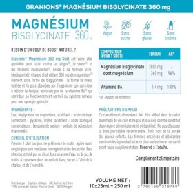 GRANIONS Magnesium Bisglycinate 360 MG - Magnesium Bisglycinate Haute Assimilation + Vitamine B6 - Anti Stress Adulte, Anti F