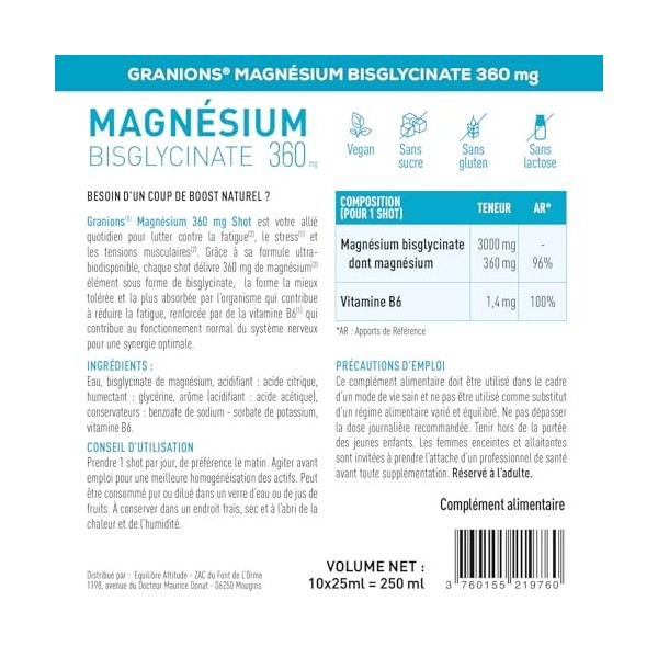 GRANIONS Magnesium Bisglycinate 360 MG - Magnesium Bisglycinate Haute Assimilation + Vitamine B6 - Anti Stress Adulte, Anti F