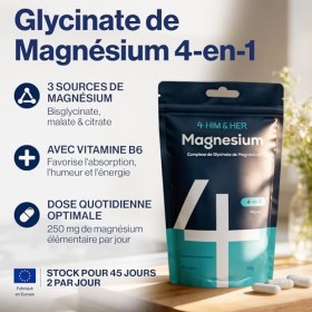 Bisglycinate de Magnésium Complexe 250mg – Magnésium 3-en-1 Bisglycinate, Citrate, Malate avec Vitamine B6 – Haute Biodispo