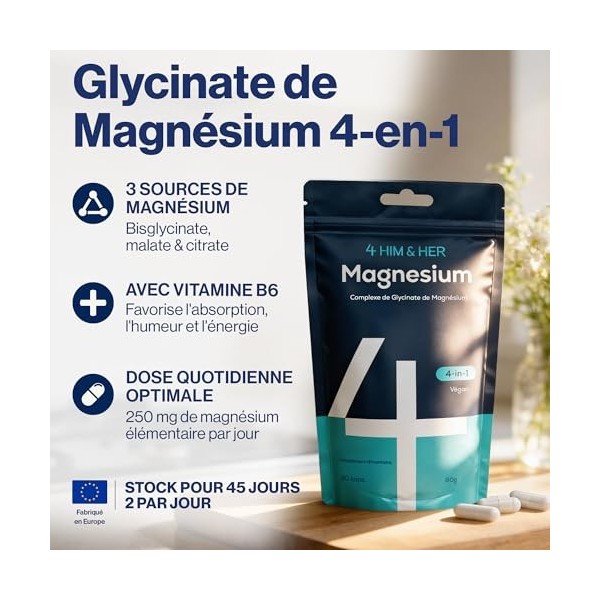 Bisglycinate de Magnésium Complexe 250mg – Magnésium 3-en-1 Bisglycinate, Citrate, Malate avec Vitamine B6 – Haute Biodispo