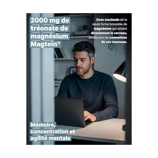 Magnésium L-Thréonate | Haute dose 2000 mg de Magtein® pur | Absorption optimale | 120 Gélules | Mémoire, Concentration, Somm