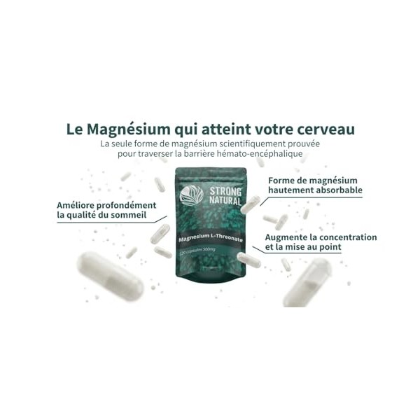 Strong Natural Magnésium L-Thréonate [120 Gélules + Pilulier Premium OFFERT] Hautement dosé avec 500 mg par capsule, dose quo