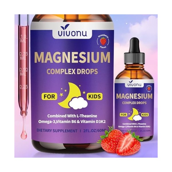 VivoNu Magnésium Gouttes Enfants – Magnésium Bisglycinate + Vitamines D3 K2 B12 B6, Oméga 3 et Calcium – 60 ml – Fraise